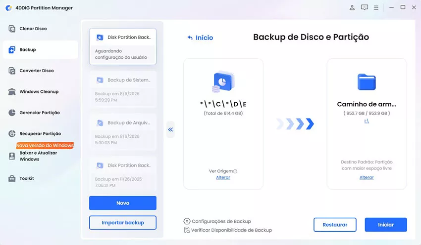 confirmar as informações relativas à cópia de segurança do disco ou da partição