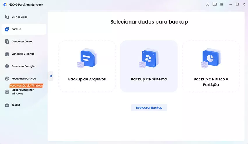 escolher a cópia de segurança do sistema