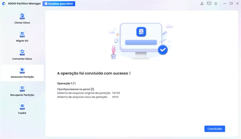 converter FAT32 para NTFS com sucesso