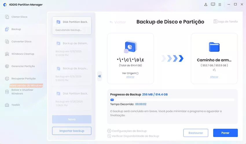 progresso do backup no disco