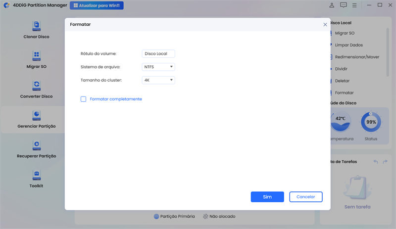 redefina parâmetros para a partição a ser formatada