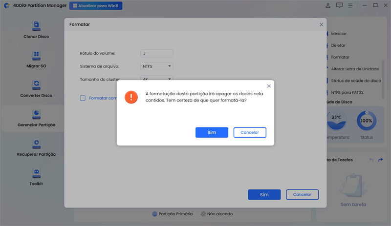 confirme a perda de dados antes de formatar a partição