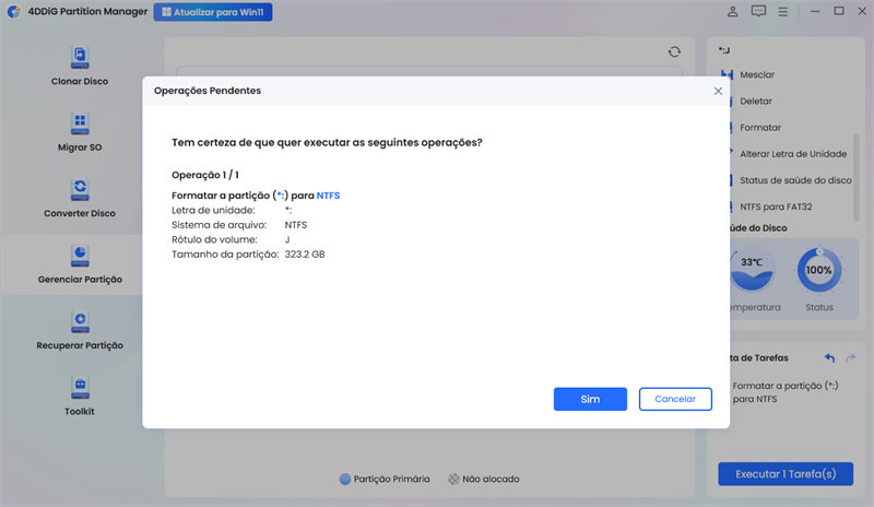 confirme a operação de formatação da partição