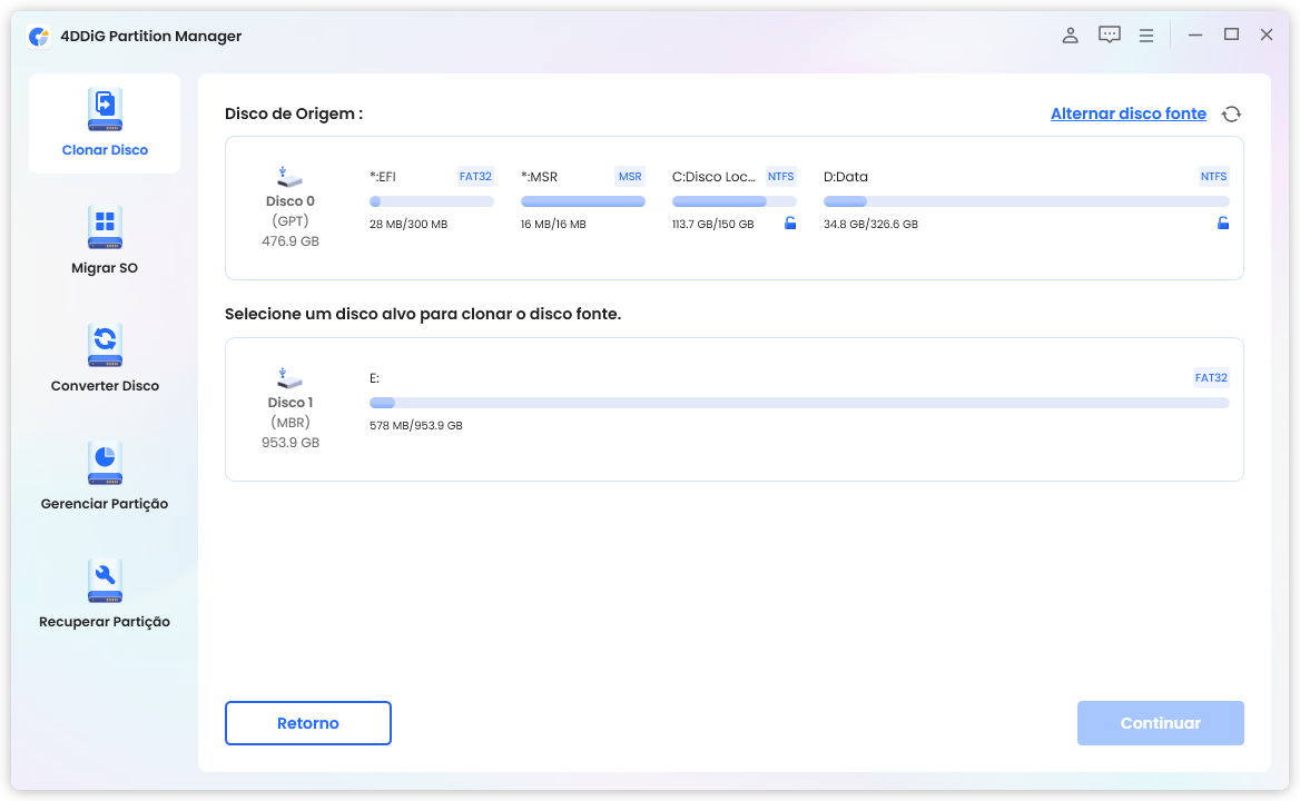  Selecione um disco alvo