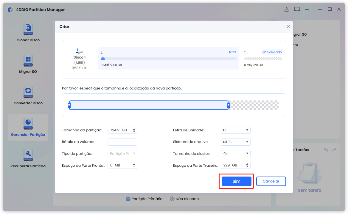 ajuste o tamanho da nova partição