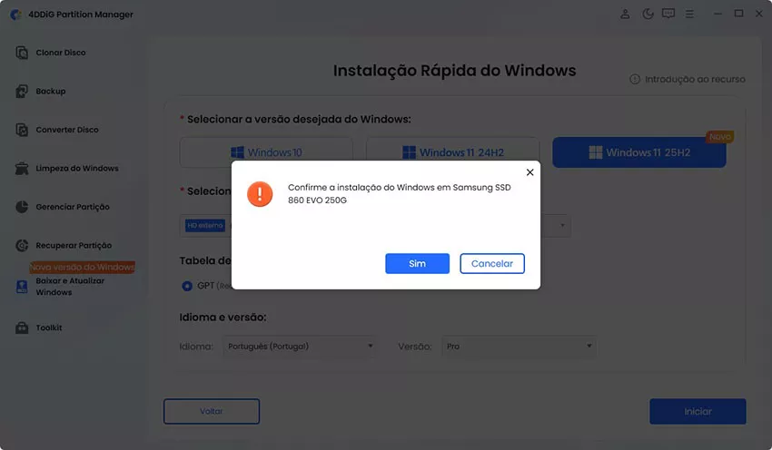 Clique em Sim para instalar rapidamente o Windows 