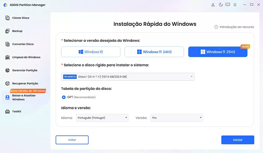 Clique em Iniciar para instalar rapidamente o Windows 