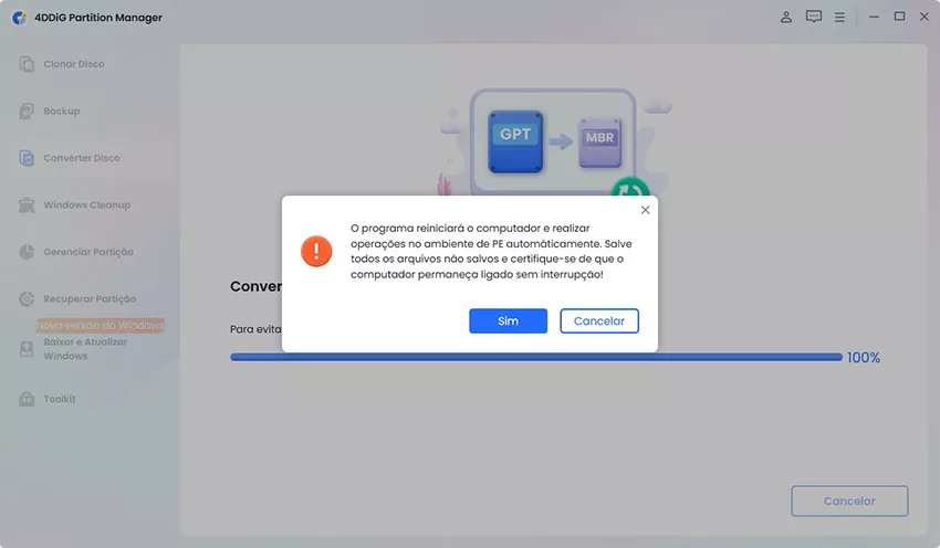 Clique em Sim para aceder ao ambiente PE