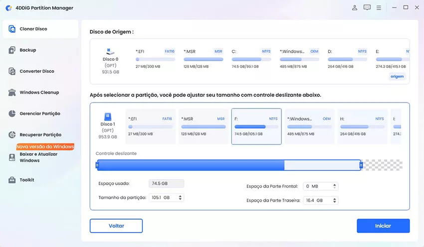 alterar o tamanho da partição clonada