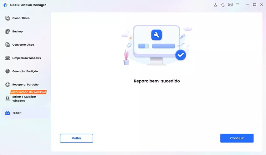 Reparar a partição com sucesso