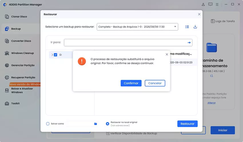 Confirme para restaurar a partir do ficheiro de cópia de segurança