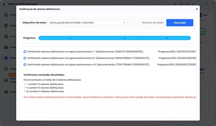 Resultado da verificação de setores defeituosos