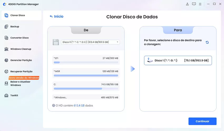 Selecione um disco de destino