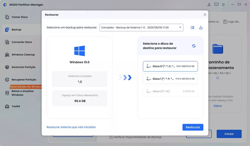 select backup and target disk to restore