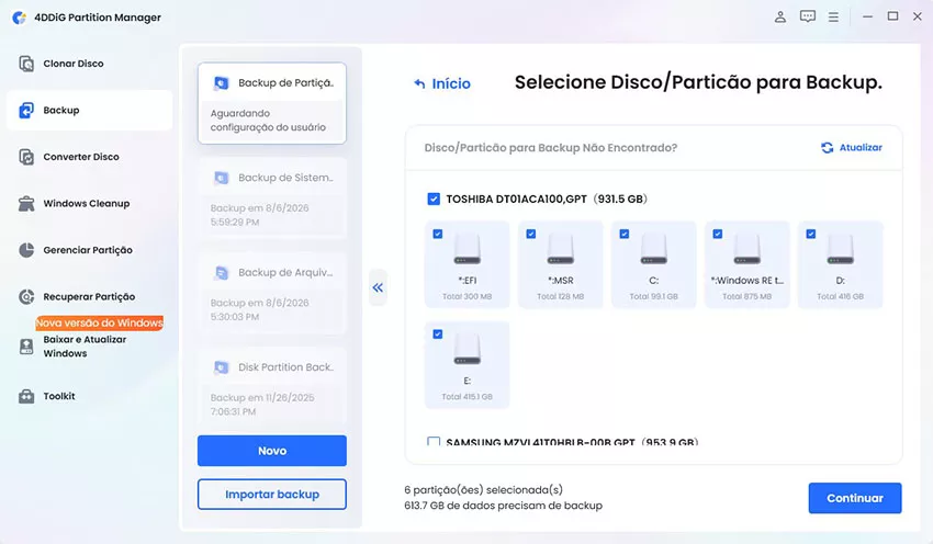 Selecione o disco ou a partição para fazer a cópia de segurança