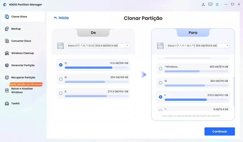 Selecione a partição de origem a partir da qual pretende clonar e a partição de destino