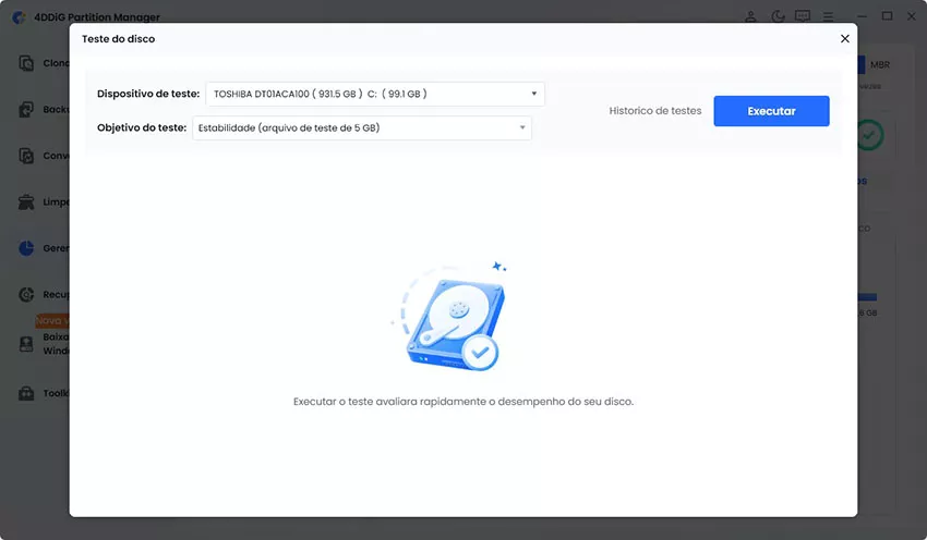 selecionar disco para testar estabilidade
