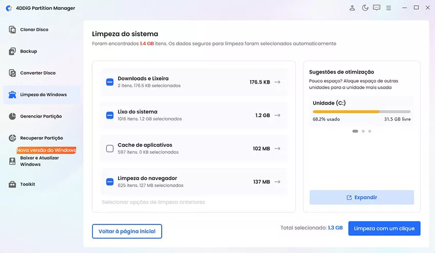 selecionar ficheiros para limpar