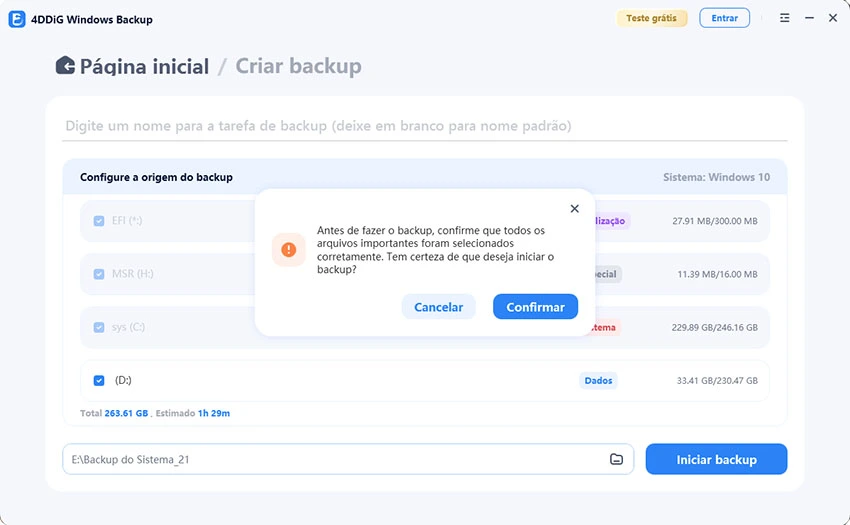 clique em iniciar e confirme para fazer o backup