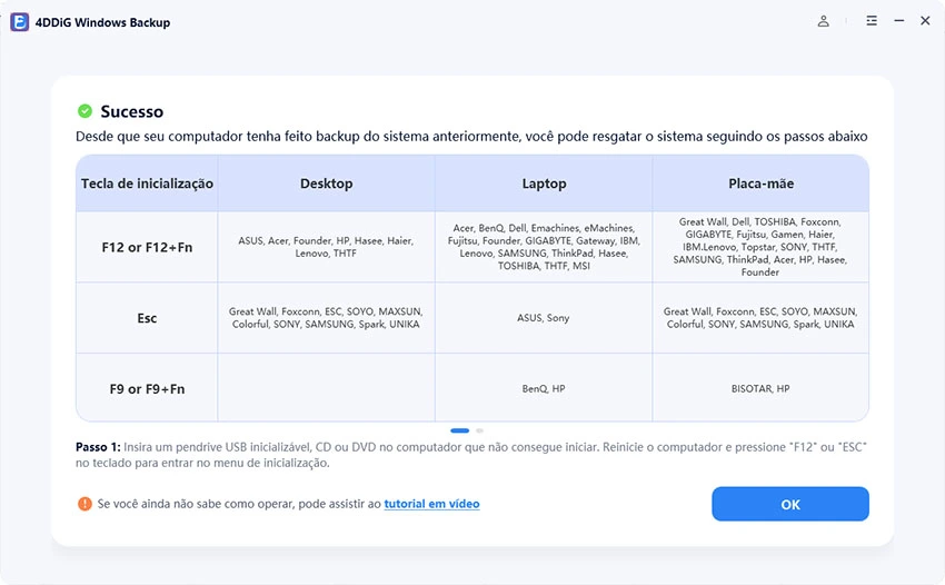 criar USB de recuperação com sucesso