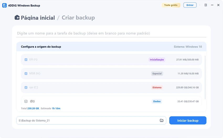 selecione as partições para backup e o destino