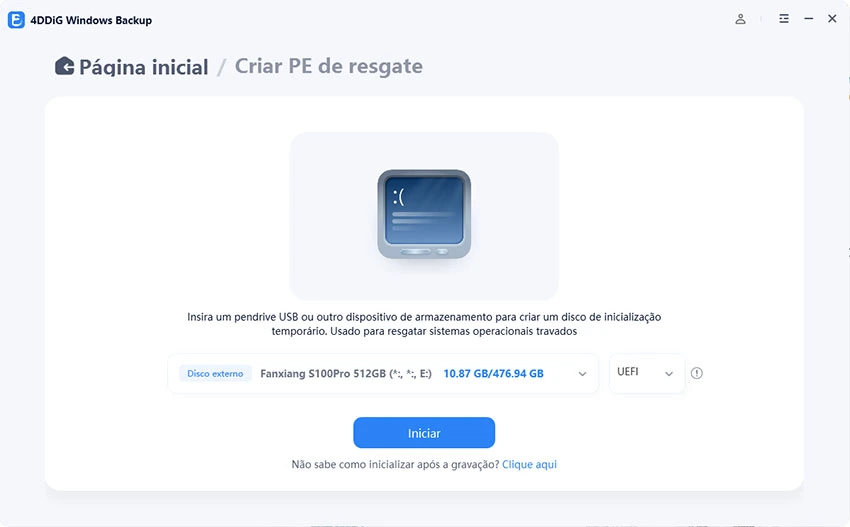 selecione o USB para gravar e clique em iniciar