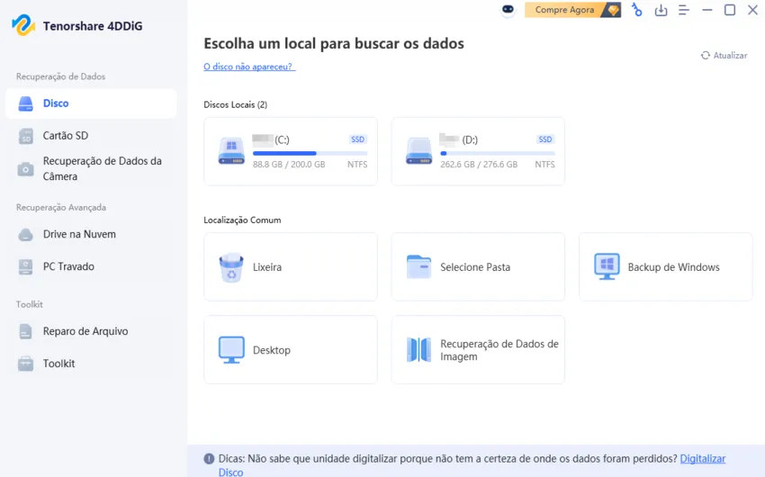 Selecione o local para iniciar a recuperação de dados