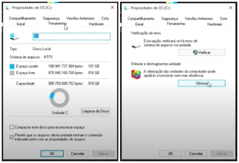 Selecione então a aba Ferramentas e escolha a opção Otimizar