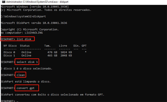 converta MBR para GPT usando o diskpart 