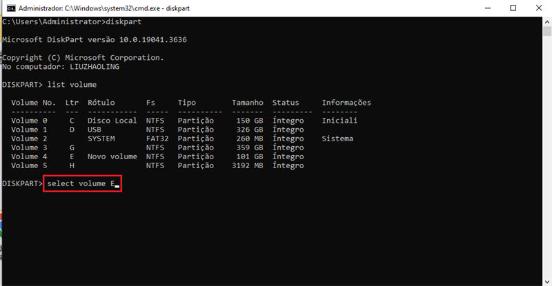 selecionar partições