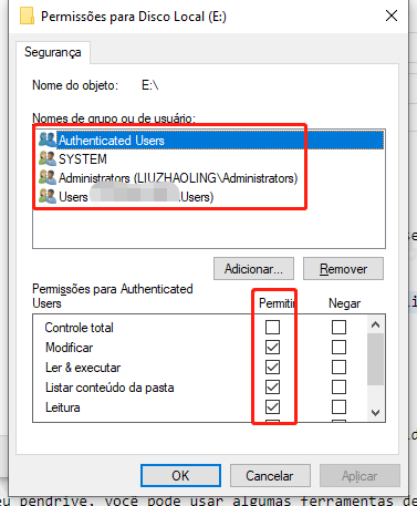 alterar permissões de pen drive