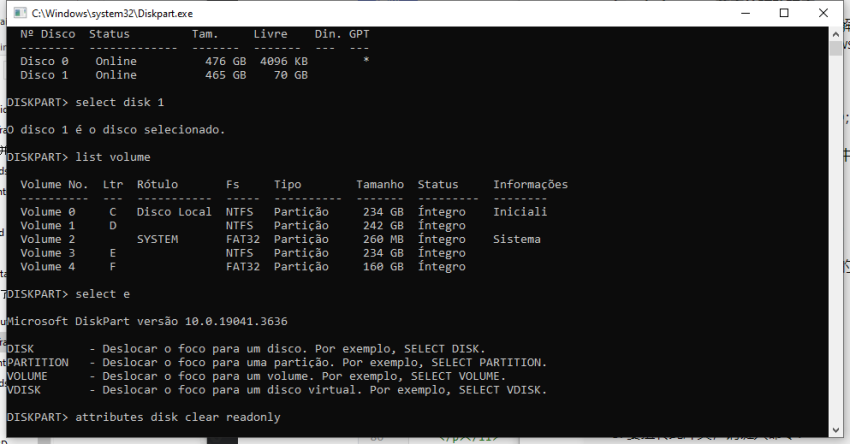 usar diskpart para remover proteção