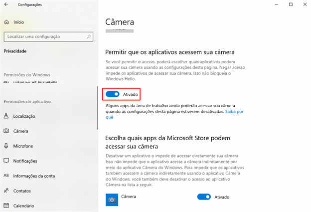 habilite o aplicativo de câmera para consertar o 0xa00f4244 nocamerasareattached- passo 2