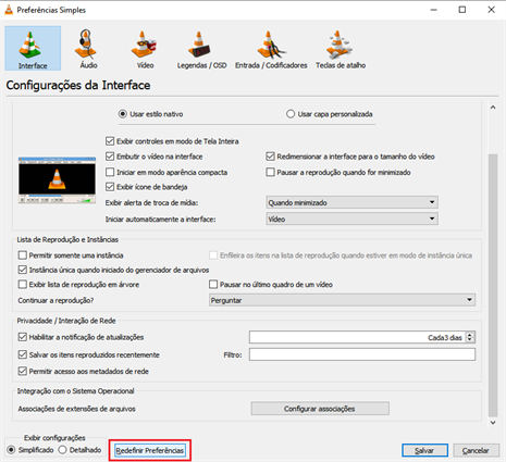 redefinir as preferências do vlc para corrigir problemas no vlc