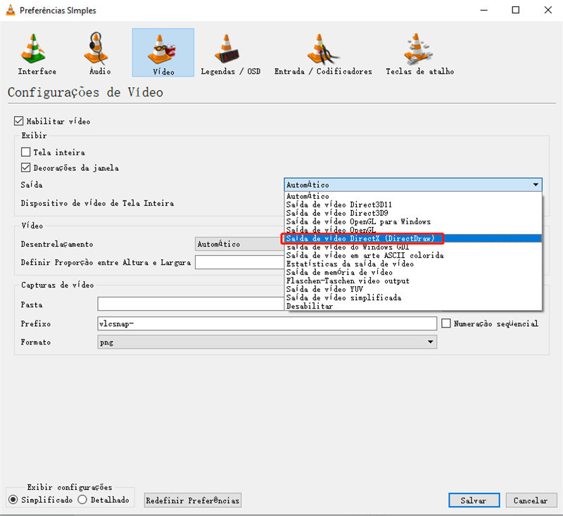 alterar as configurações de saída de vídeo no VLC para reparar o vídeo recuperado