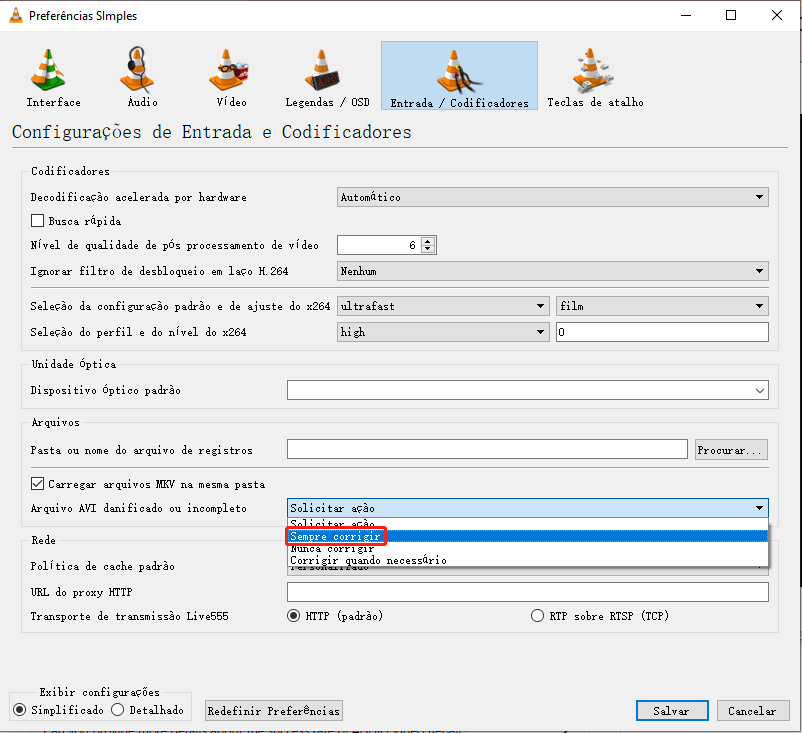 use vlc para reparar arquivos avi