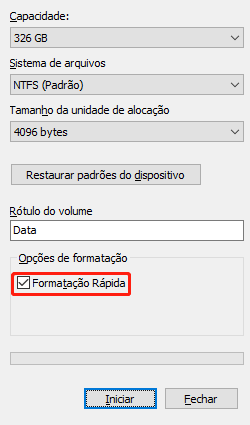 Formatação rápida para corrigir o erro 0x8007045d