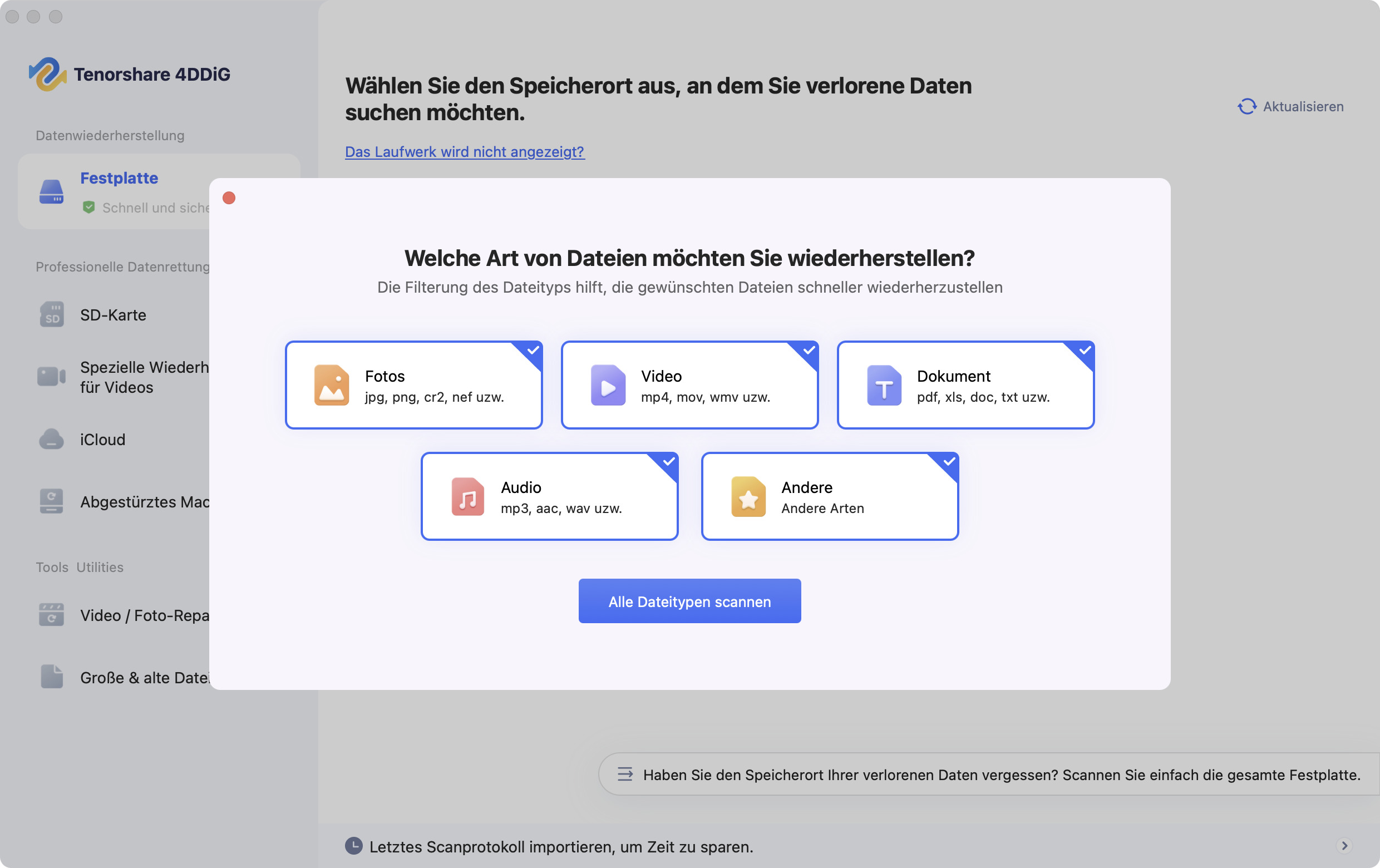 4DDiG Mac Scanvorgang gelöschte Screenshots