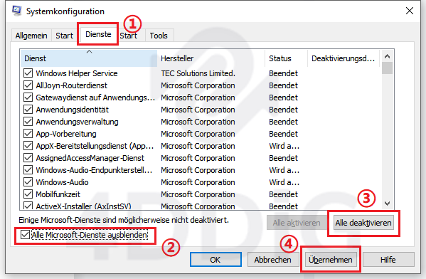 alle microsoft-Dienste ausblenden
