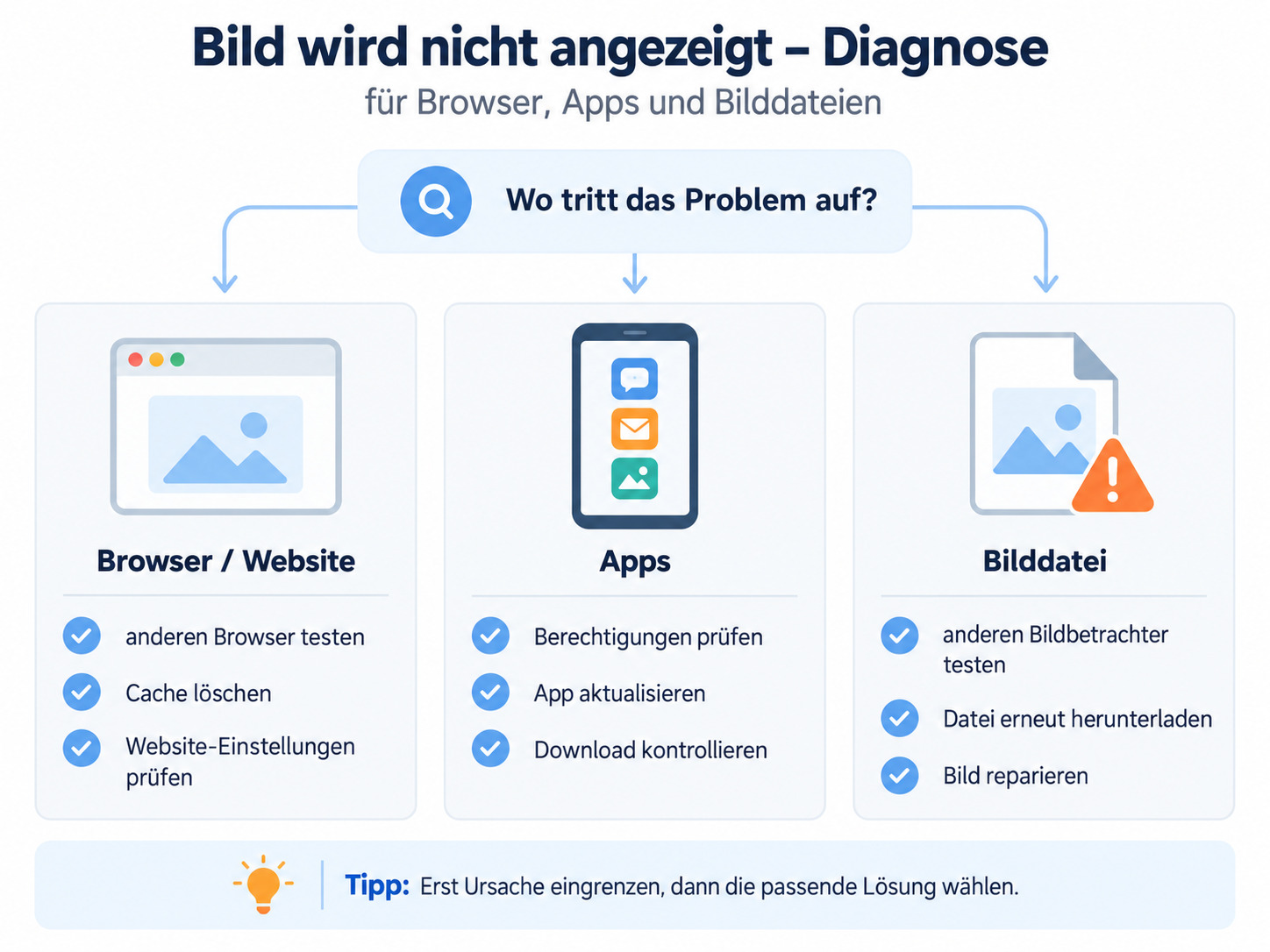 Bild wird nicht angezeigt – Diagnose für Browser, Apps und Bilddateien