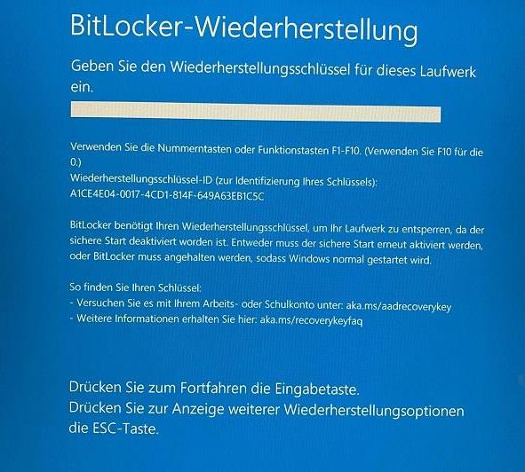 Dell-PC fordert BitLocker-Wiederherstellungsschlüssel an
