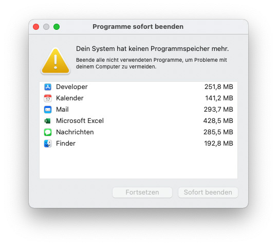 dein system hat keinen programmspeicher mehr fehlermeldung auf mac