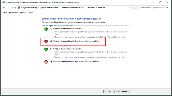 firewall deaktivieren