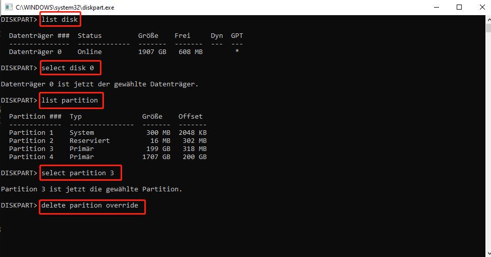 Diskpart CMD Befehle zur Partitionserweiterung