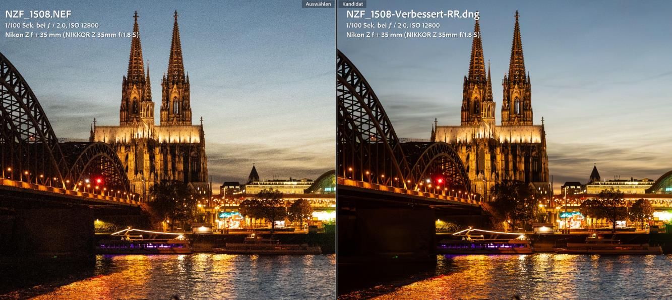 ISO-Rauschen in einem Nachtfoto vor und nach der Rauschreduzierung