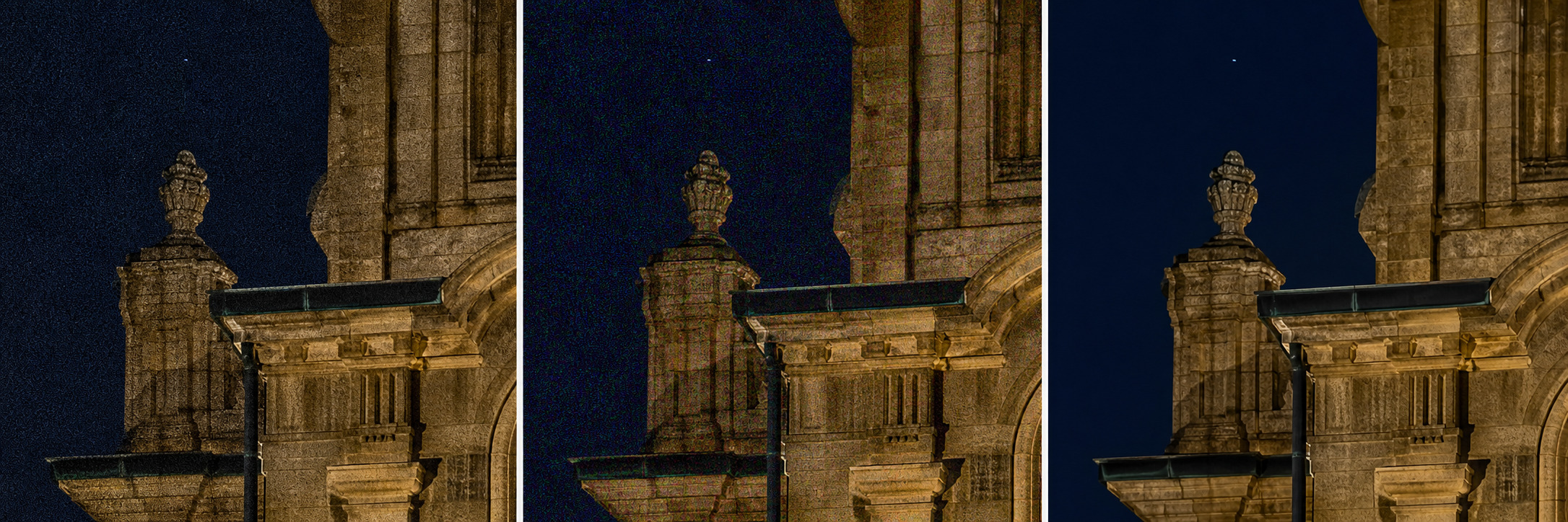 Luminanzrauschen, Farbrauschen und entrauschtes Foto im Vergleich
