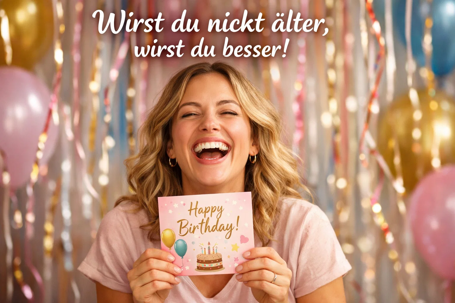 Lustige Frau lacht über Geburtstagswünsche auf ihrem Handy