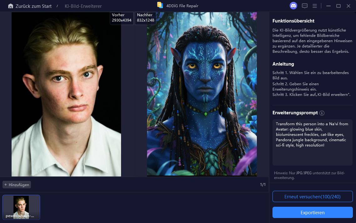 Generiertes Bild mit Avatar Na'vi Filter exportieren