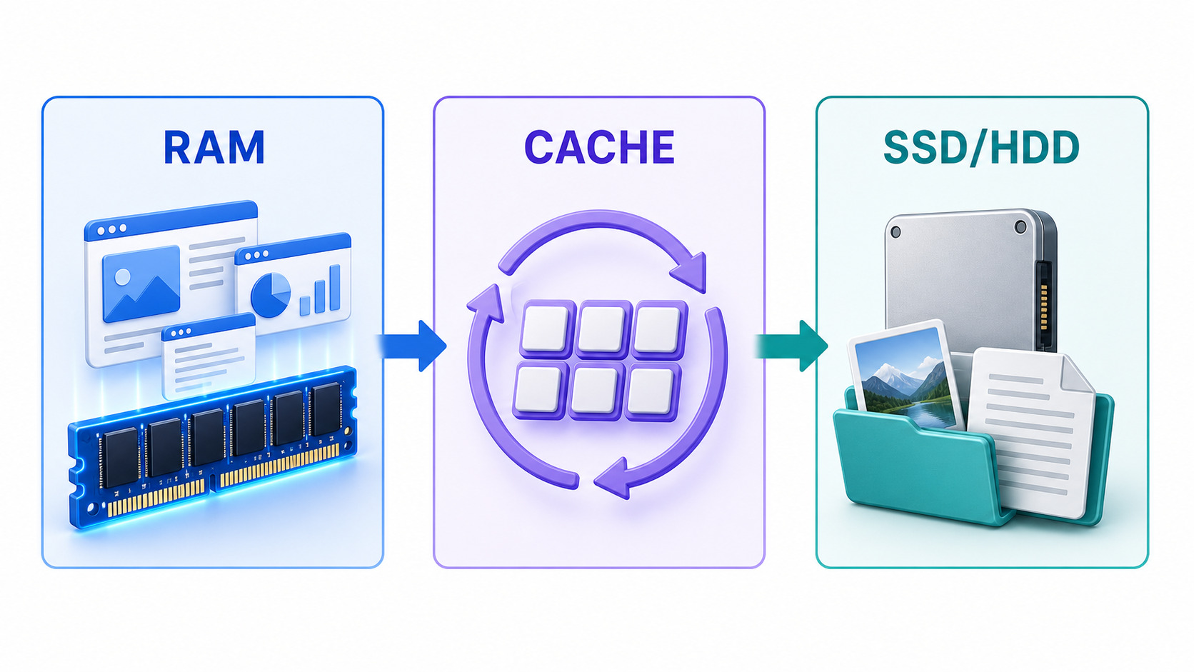Unterschied zwischen Arbeitsspeicher, Cache und SSD- oder HDD-Speicher