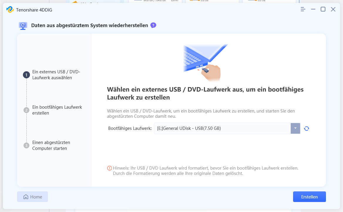USB-Laufwerk bestätigen, um bootfähiges Laufwerk zu erstellen